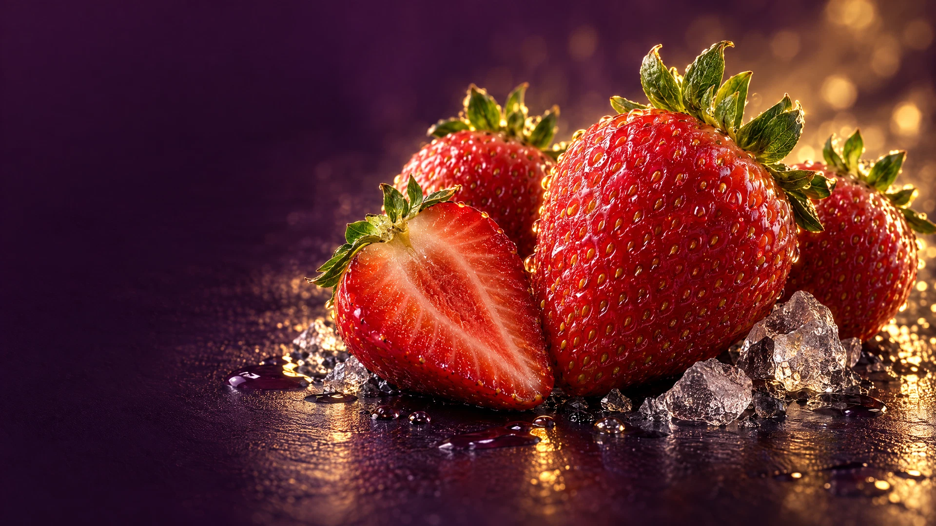 Photoreal ripe strawberries with condensation and fresh cut flesh
