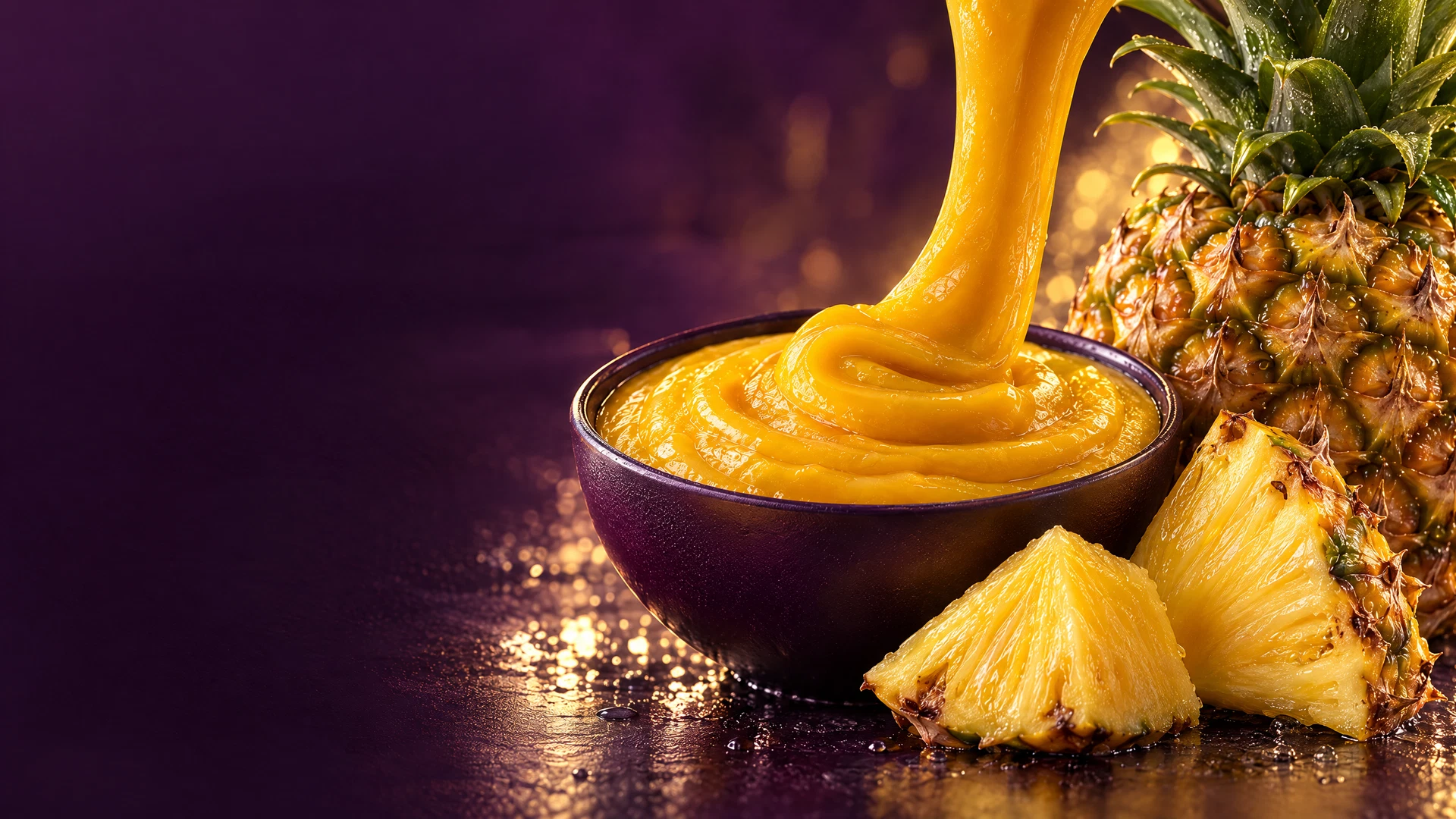 Ripe pineapple and golden concentrate flowing into a dark bowl
