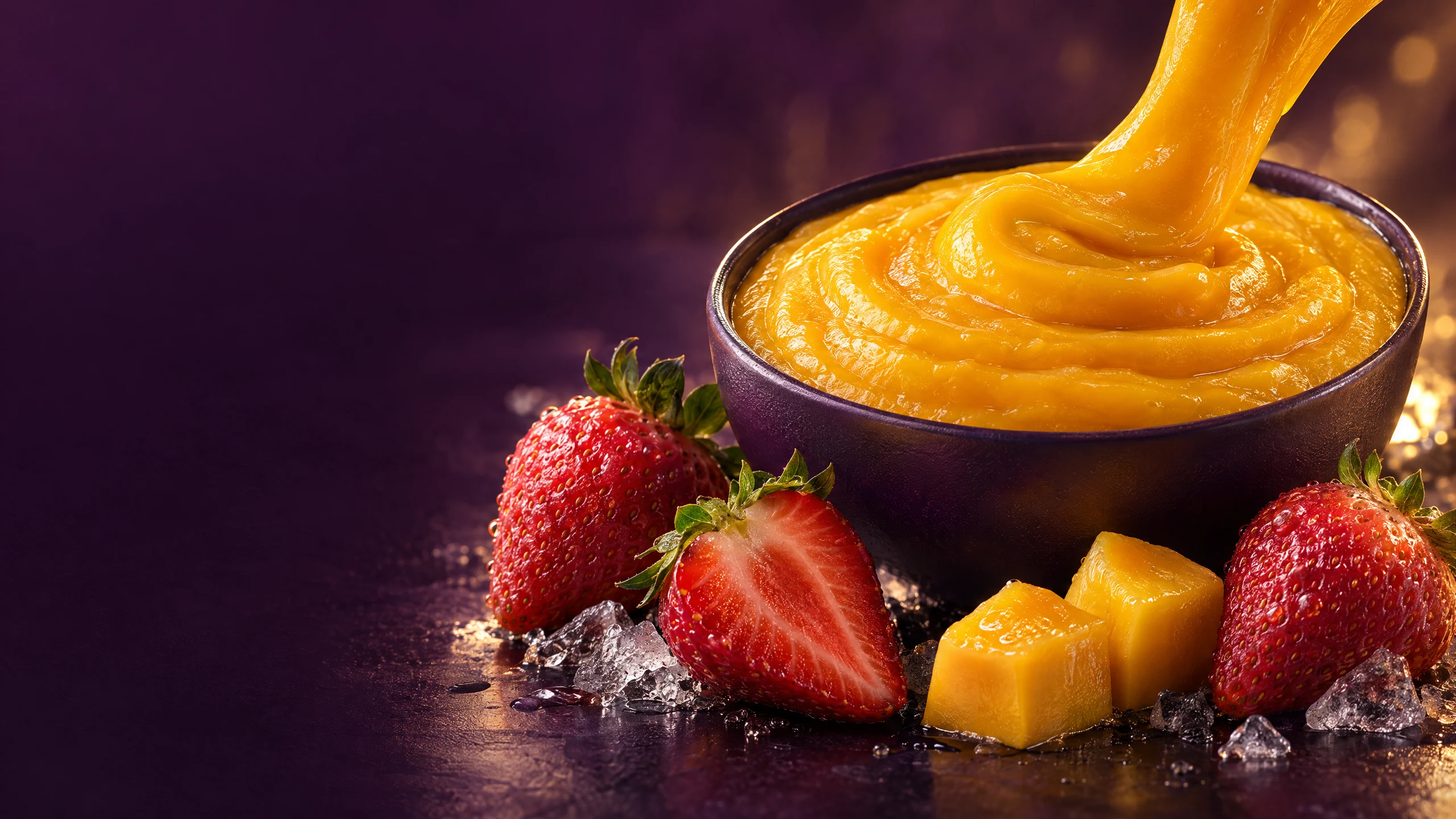 Golden mango purée flowing into a bowl beside ripe strawberries